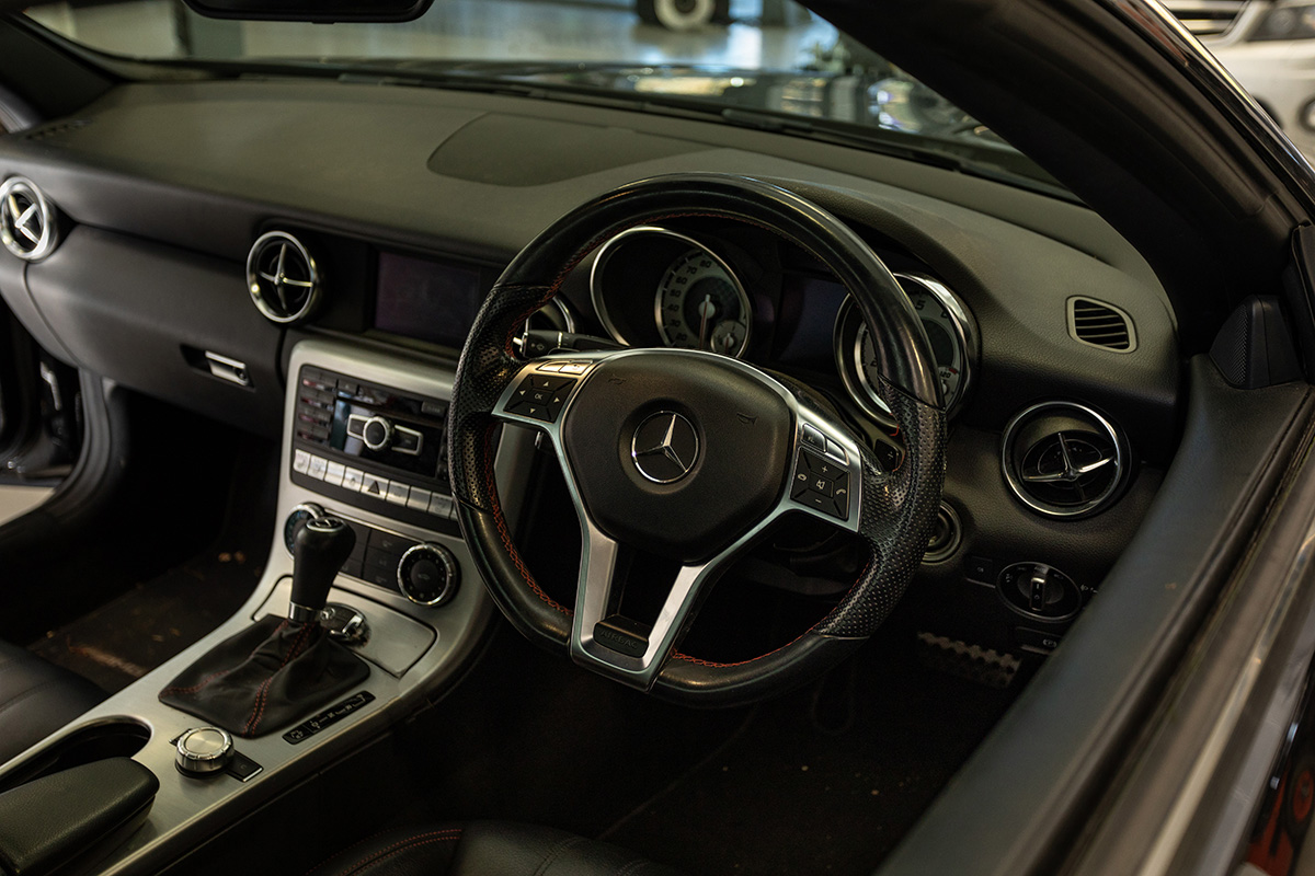 Independent Mercedes Specialist Hampshire Close up of car interior in an independent Mercedes specialist in Hampshire for expert servicing and repairs.